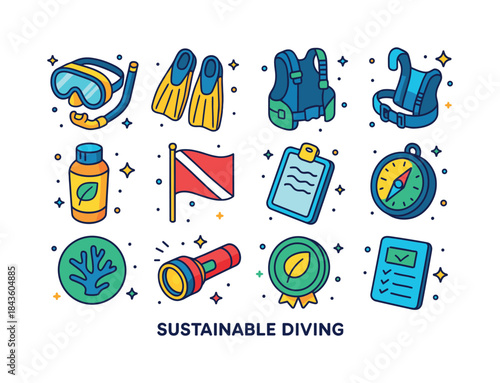 Sustainable Diving Icons. Sustainable diving. Colorful isometric