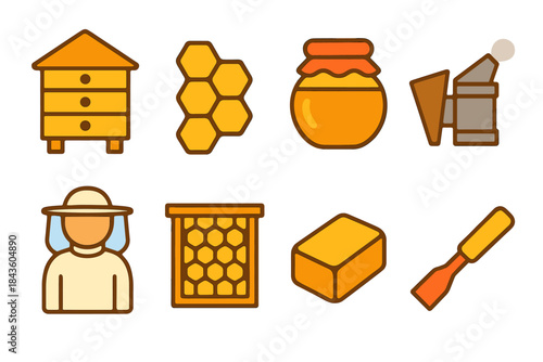 Beehive tools and honey icons set: beekeeper equipment and honeycomb graphics
