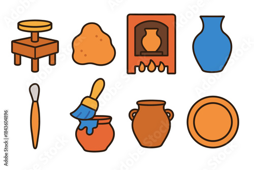 Vector icons of pottery tools and clay shaping process