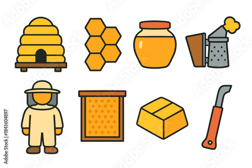 Beekeeping tools and icons set with beekeeper and honey elements