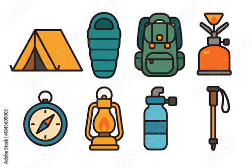 Camping gear icons: tent, sleeping bag, backpack, stove, compass, lantern, water bottle, trekking pole