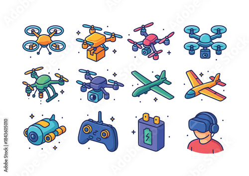 Colorful Drone Icons. Drones and UAVs. Colorful isometric vector