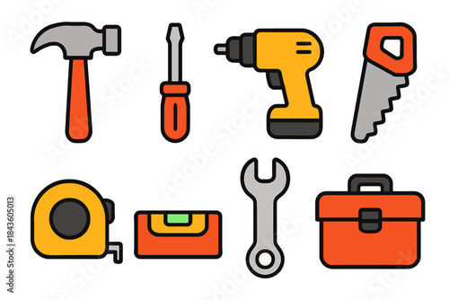 Colorful icon set of hand and power tools for construction and repair projects