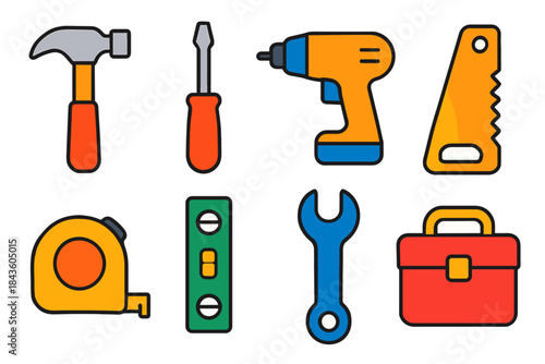 Colorful set of hand tools: hammer, screwdriver, drill, saw, toolbox, tape measure, wrench, level