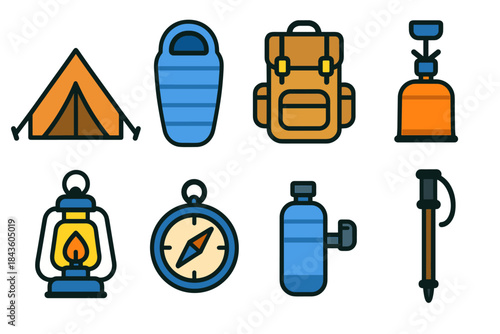 Essential outdoor adventure gear icons: tent, backpack, sleeping bag, and more