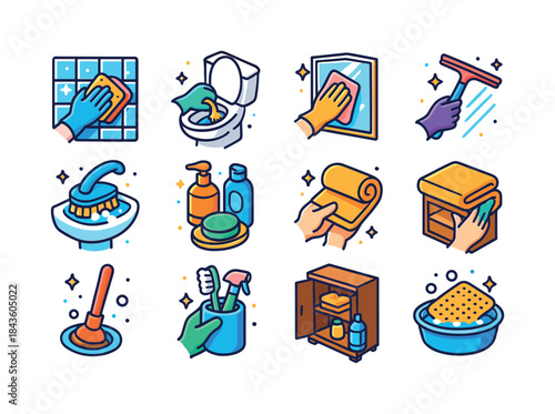 Colorful Bathroom Icons. Bathroom cleaning. Colorful isometric v