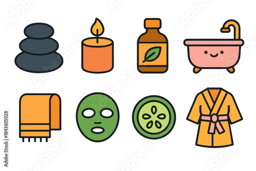 Spa essentials icons with candles, bathrobe, mask and bath
