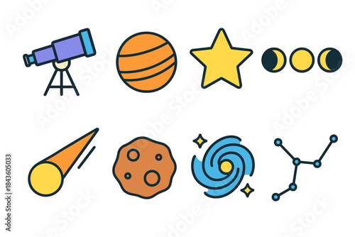 Colorful astronomy icons: telescope, planets, stars, moon phases, comet, asteroid, galaxy, constellation