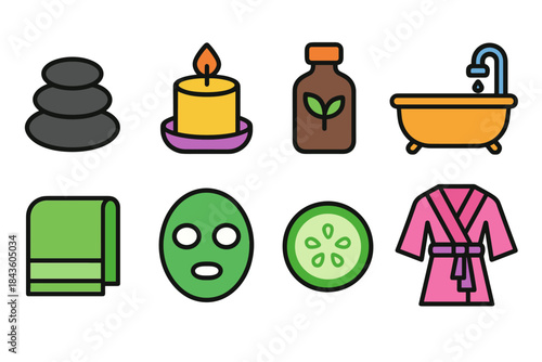 Spa treatment icons: candle, stones, mask, cucumber, towel, bath