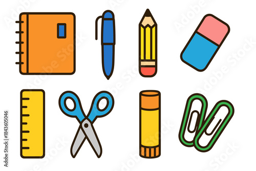 Colorful set of school supplies: notebook, pen, pencil, eraser, ruler, scissors, glue, paperclips