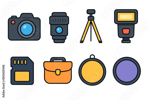 Photography equipment icons: camera, lens, tripod, flash, memory, bag, filters