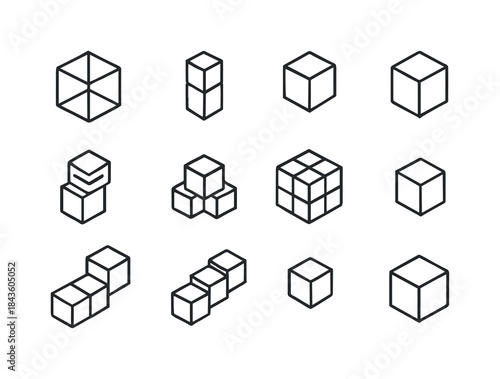 Cubical Icon Collection. Cubical Structures. Line icon set of Cu