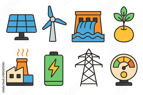 Sustainable energy icons: solar, wind, hydro, biomass, battery, power plant, grid, meter