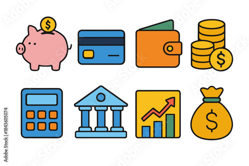 Financial icons collection: piggy bank, credit card, wallet, coins, calculator, bank, growth chart, money bag