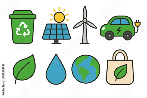 Eco-friendly icons: recycling, solar energy, wind turbine, electric car, sustainability symbols