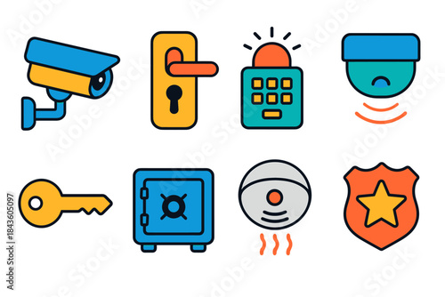 Security icons: cctv, lock, alarm, sensor, key, safe, smoke detector, badge