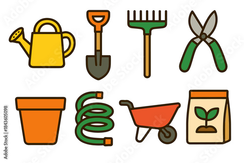 Garden tools illustration: watering can, shovel, rake, shears, and more