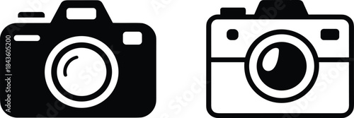 Pair of black vector camera icons in both solid silhouette and outline styles, symbolizing photography, digital media, video, snapshot, memory capture, and professional filming equipment.