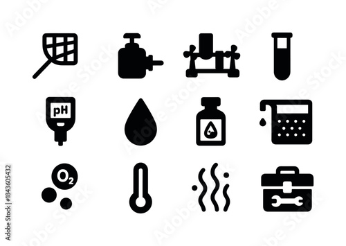 Aquatic Tools Icons. Aquatic Management Tools. Solid icon set of