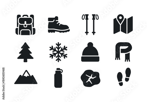 Winter Hiking Essentials. Winter Hiking. Solid icon set of Winte