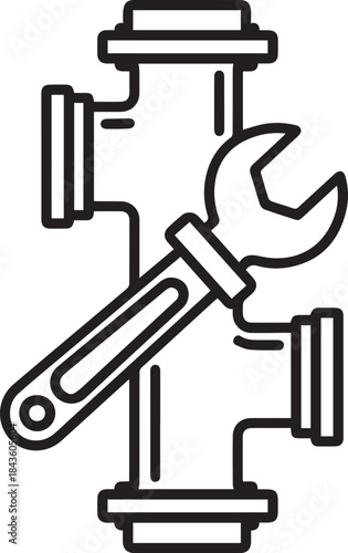 Plumbing repair icon with wrench and pipe fittings outline style