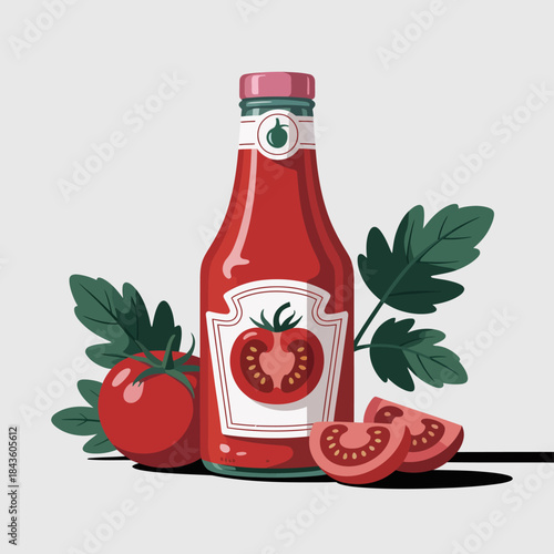 An eye-catching illustration of a classic tomato ketchup bottle, surrounded by fresh tomatoes and leaves. This design highlights the popular condiment in a bright and appealing way.