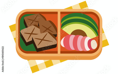 A colorful bento box showcases a variety of nutritious food, featuring grilled meat, fresh vegetables, and vibrant fruits, ideal for a wholesome meal.