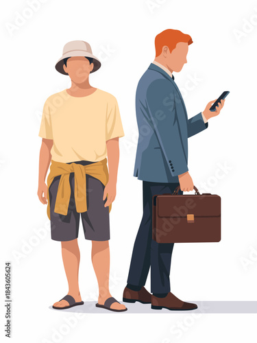 A contrasting image featuring two men, one in a suit using his phone and the other in casual attire with a bucket hat, showcasing different lifestyles and environments.