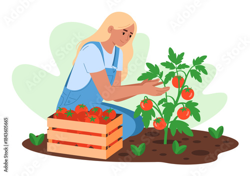 A dedicated woman is tending to her tomato plants in a garden, showcasing nurturing and cultivating fresh produce in harmony with the natural environment.