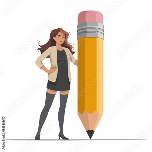 This illustration showcases a woman standing next to an oversized pencil, symbolizing creativity and the power of imagination in a whimsical and playful way.