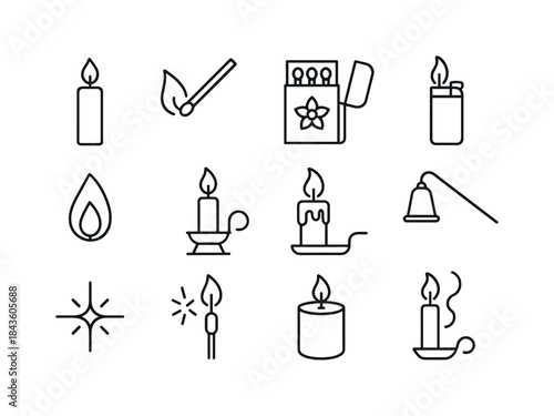 Candle Lighting Icons. Lighting a Candle. Line icon set of Light