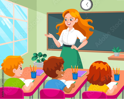 A bright and lively classroom scene showcasing a teacher and four engaged students, emphasizing the joy of learning and the importance of education in a nurturing environment.