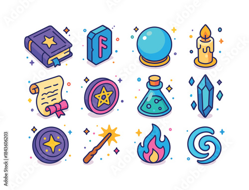 Colorful Magic Icons. Ancient spells. Colorful isometric vector