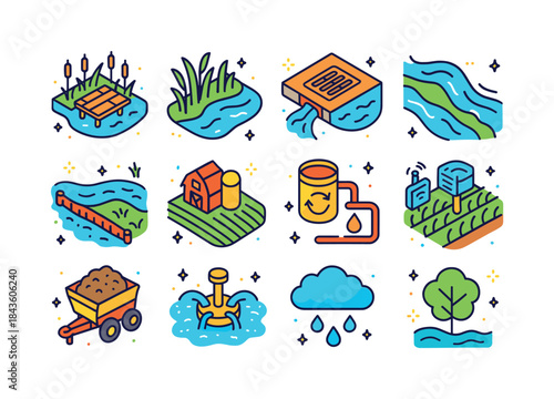 Eutrophication Prevention Icons. Eutrophication prevention. Colo
