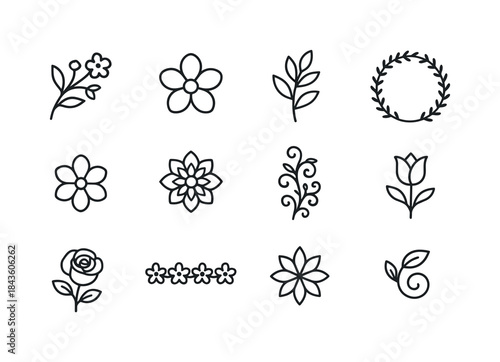 Black Floral Line Icons. Floral Patterns. Line icon set of flora