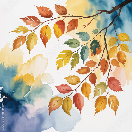 A beautiful display of autumn leaves in varying shades of orange and yellow against a soft watercolor background, representing the change of seasons and nature's beauty.