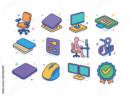 Ergonomic Workspace Icons. Ergonomic workspace. Colorful isometr
