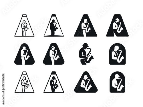 Jazz Saxophone Icons. A jazz musician playing a saxophone in a d