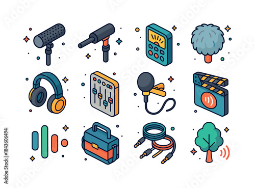 Film Sound Icons. Film Sound. Colorful isometric vector icons se