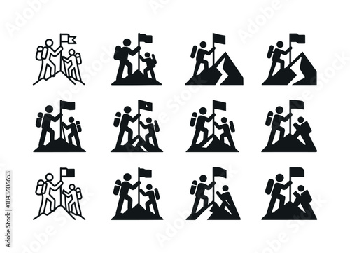 Mountain Summit Icons. A group of hikers at the summit of a moun