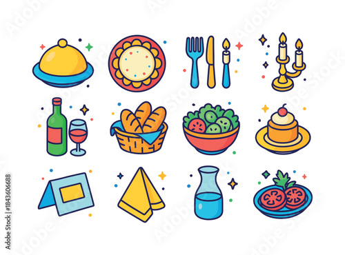 Colorful Dinner Icons. Dinner Party. Colorful isometric vector i