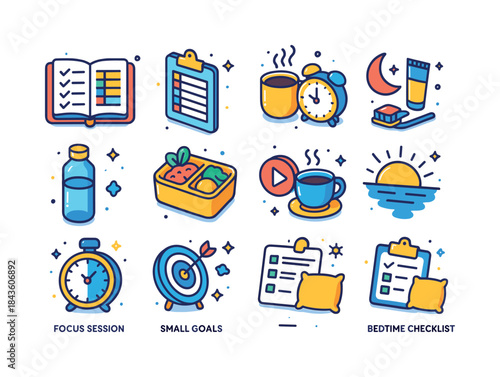 Colorful Daily Planner Icons. Daily Planning. Colorful isometric