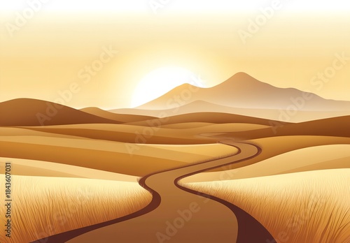 Wallpaper Mural Desert landscape with winding road, golden sunset, and majestic mountains in the background, serene and peaceful atmosphere. Torontodigital.ca