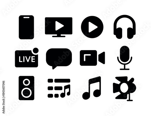 Streaming Icons Grid. Streaming Entertainment. Solid icon set of