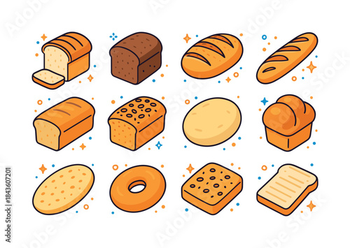 Colorful Bread Icons. Bread Types. Colorful isometric vector ico
