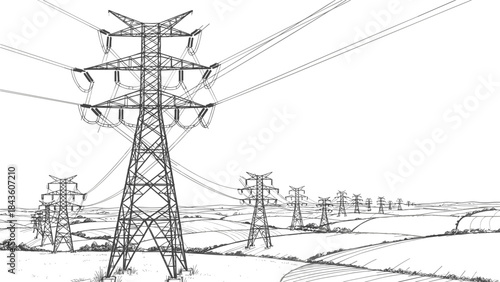 High-voltage transmission towers, rural landscape, electricity infrastructure, power lines, countryside fields, energy distribution, black and white drawing, perspective depth, pylons