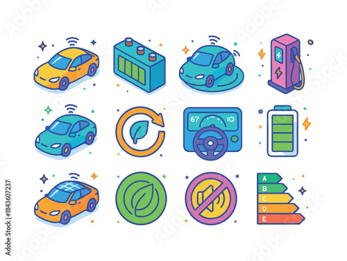 Colorful Electric Car Icons. Electric autonomous cars. Colorful