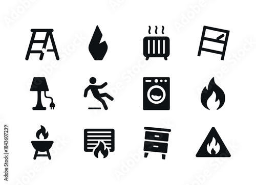 Household Hazard Icons. Household dangers. Solid icon set of hou