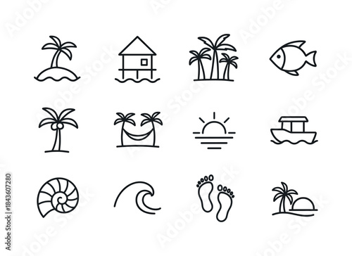 Tropical Icon Collection. Tropical Destinations. Line icon set o
