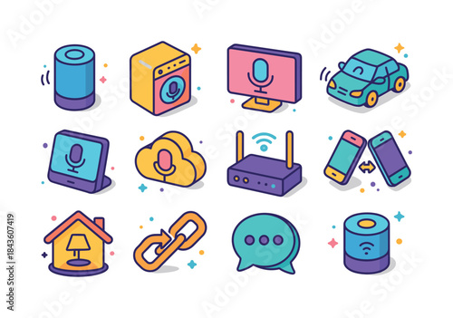 Voice Assistant Icons. Voice Assistant Ecosystem. Colorful isome
